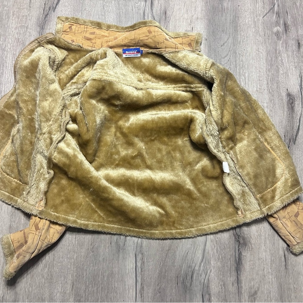 Saiping Faux Shearling Lined Jacket Tan Zip Up Retro Geometric Print Coat XL - Picture 2 of 6